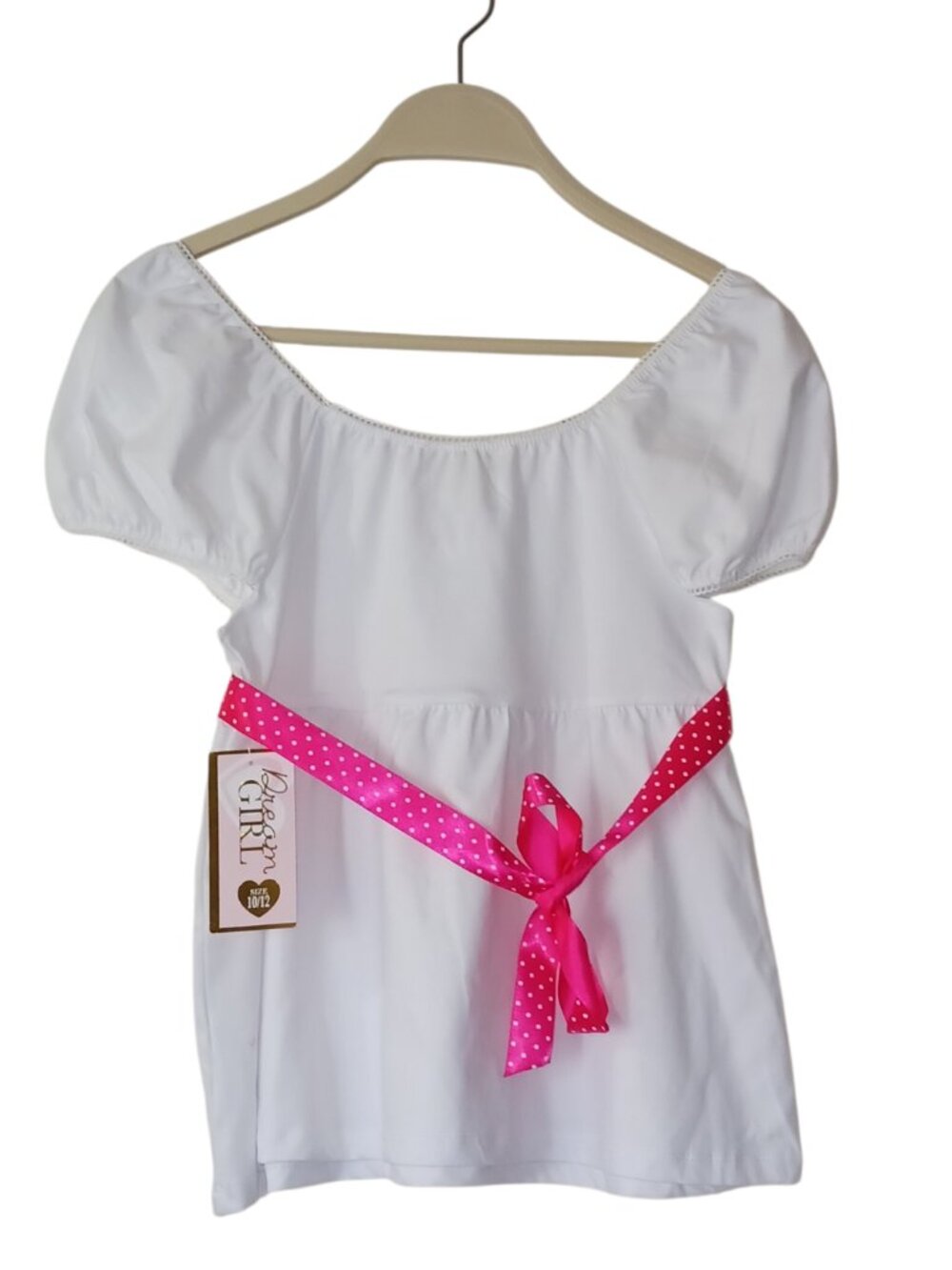 Dream Girl White Empire Waist Dress w/ Pink Polka Dot Ribbon Size 10/12